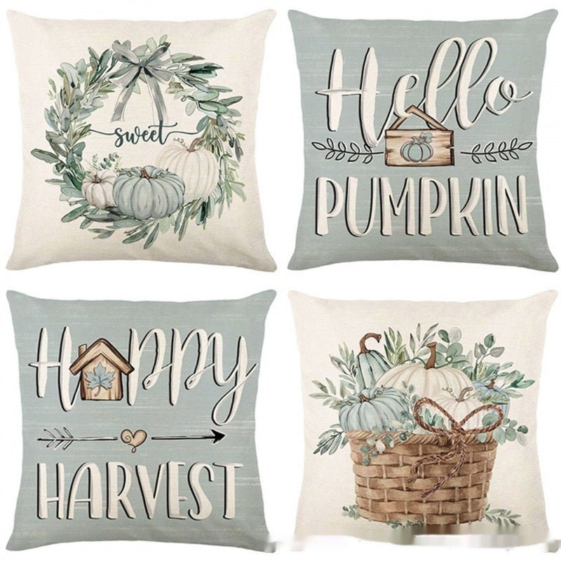 4-Piece Printed Linen Throw Pillowcase Set, Autumn Pumpkin Decor