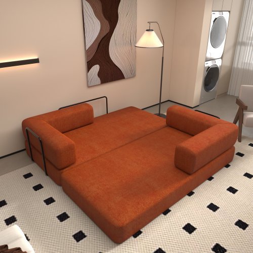 Convertible Sleeper Sofa Bed With Cylindrical Pillow, Corduroy Folding Mattress Couch With Fixed-Shape Frame, Floor Sofa Lounge Couch For Living Room Bedroom Lounge Studio Orange Red