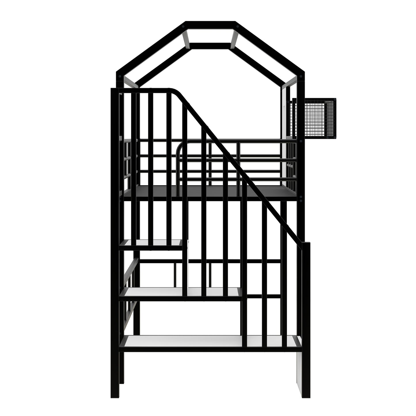 Twin Metal Loft Bed with Roof Design, Guardrails, and Storage Box