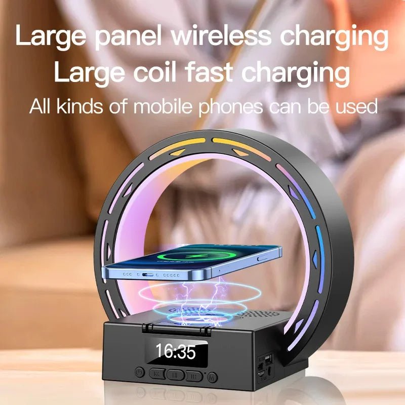 4-in-1 Wireless Charger & Bluetooth Speaker, LED Bedside Lamp with Alarm Clock