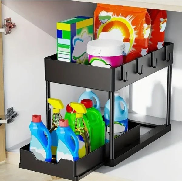Sink Shelf Organizer Rack 1 Pack – 2-Tier Under Sink Storage Shelf with Pull-Out Basket, Hooks, and Drainage Design for Kitchen or Bathroom