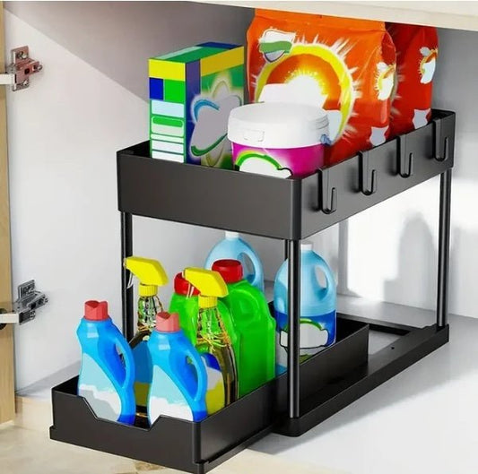 Sink Shelf Organizer Rack 1 Pack – 2-Tier Under Sink Storage Shelf with Pull-Out Basket, Hooks, and Drainage Design for Kitchen or Bathroom