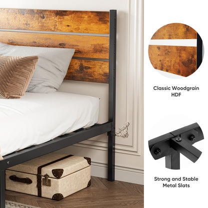 Metal Platform Bed Frame with Rustic Wood Headboard & Footboard (No Box Spring Needed) – Twin/Full/Queen