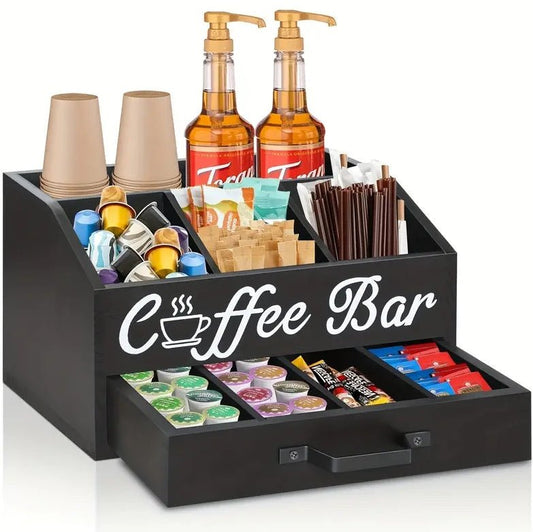 Wooden Double-layer Coffee Pod Organizer with Drawer - Kitchen Counter Storage Box - DonoHome