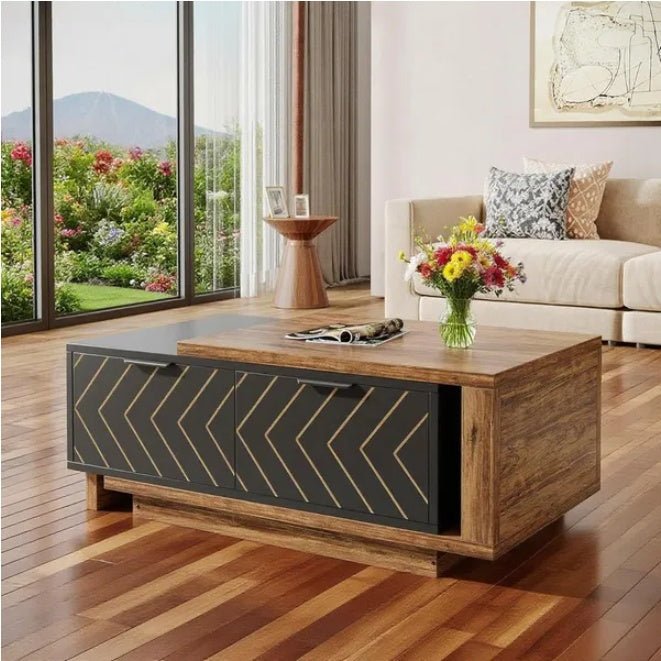 42" Modern Rectangular Coffee Table - Wood Top, Black Base, Center Table with Storage Doors - DonoHome