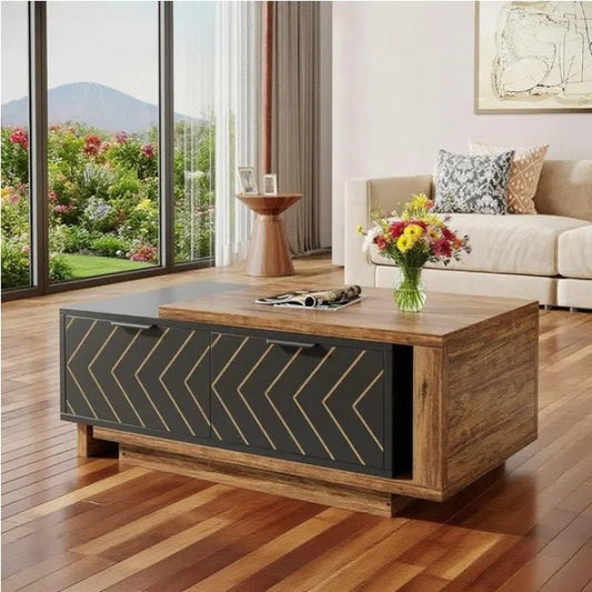 42" Modern Rectangular Coffee Table - Wood Top, Black Base, Center Table with Storage Doors - DonoHome