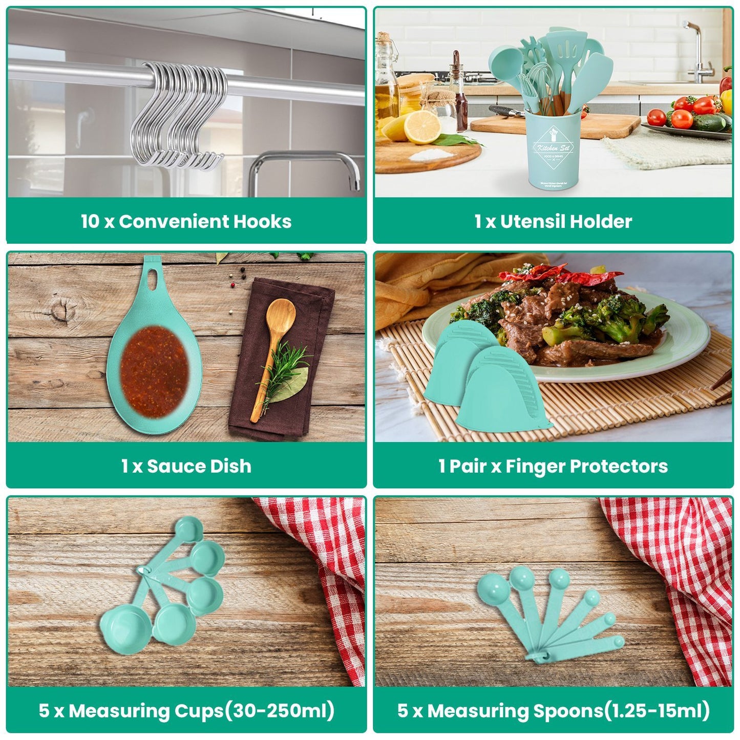 35Pcs Kitchen Cooking Utensils Set with Holder – Spatula, Whisk, Tongs, Spoons, Cups, Separator (4 Colors)