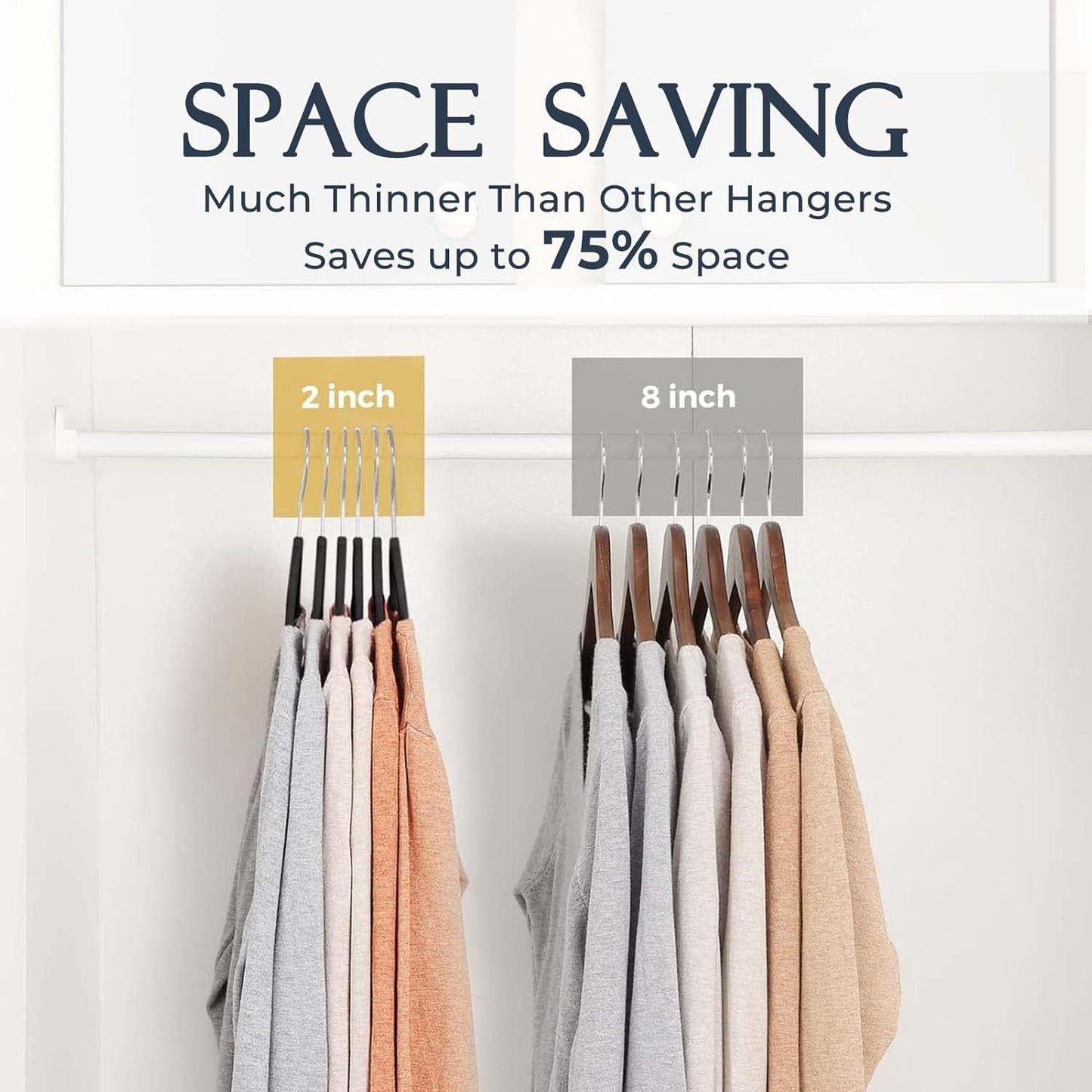 Space-saving hangers with text indicating they save up to 75% space.