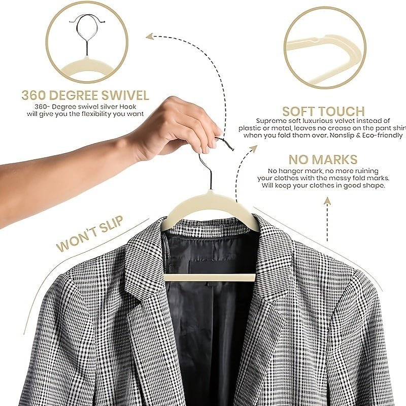 Hanger with a shirt, highlighting features like 360-degree swivel hook, soft touch, no marks, and won't slip.
