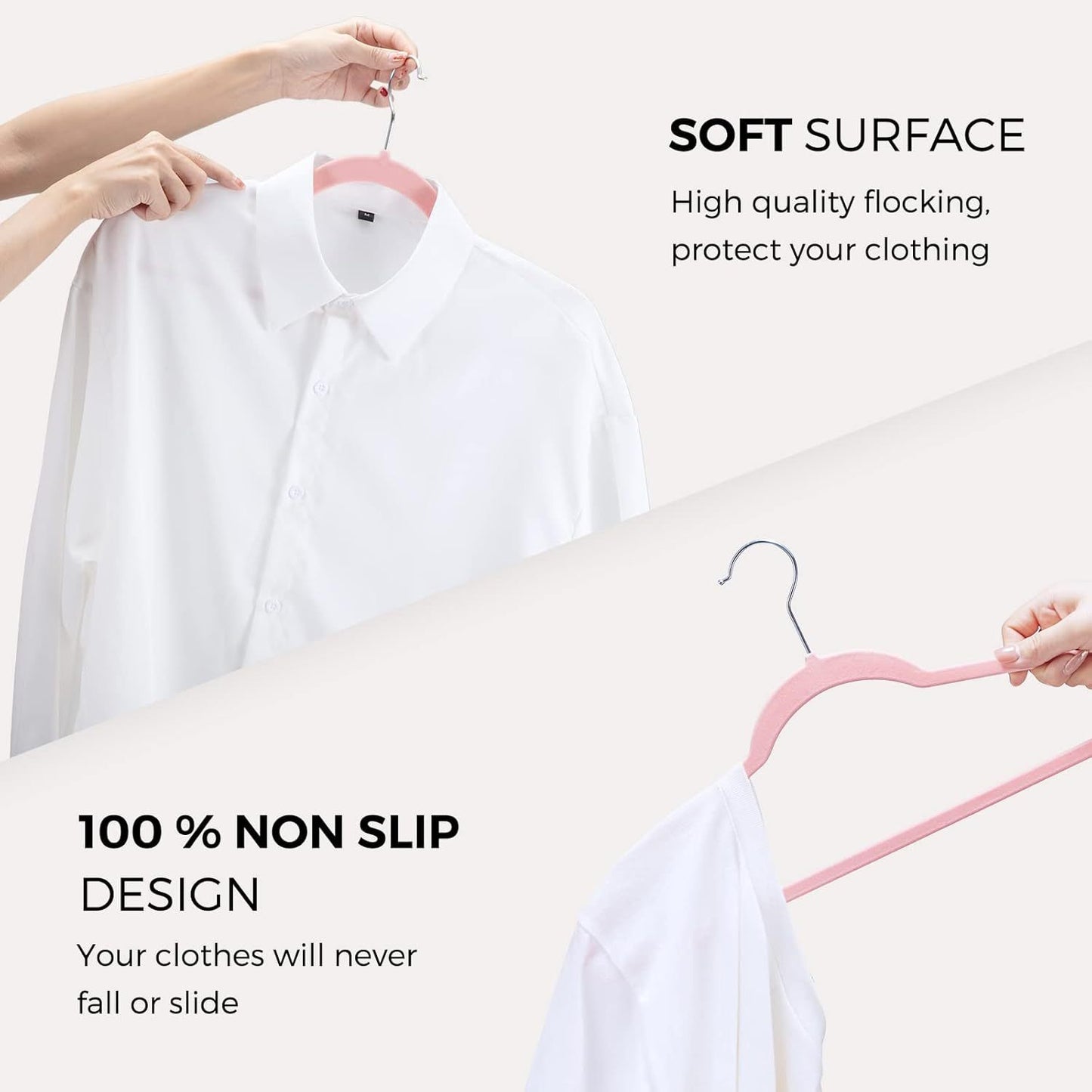Pink hanger with a white shirt on a light background, highlighting features like soft surface and non-slip design.