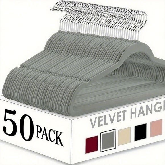 Box of 50 gray velvet hangers with a white background