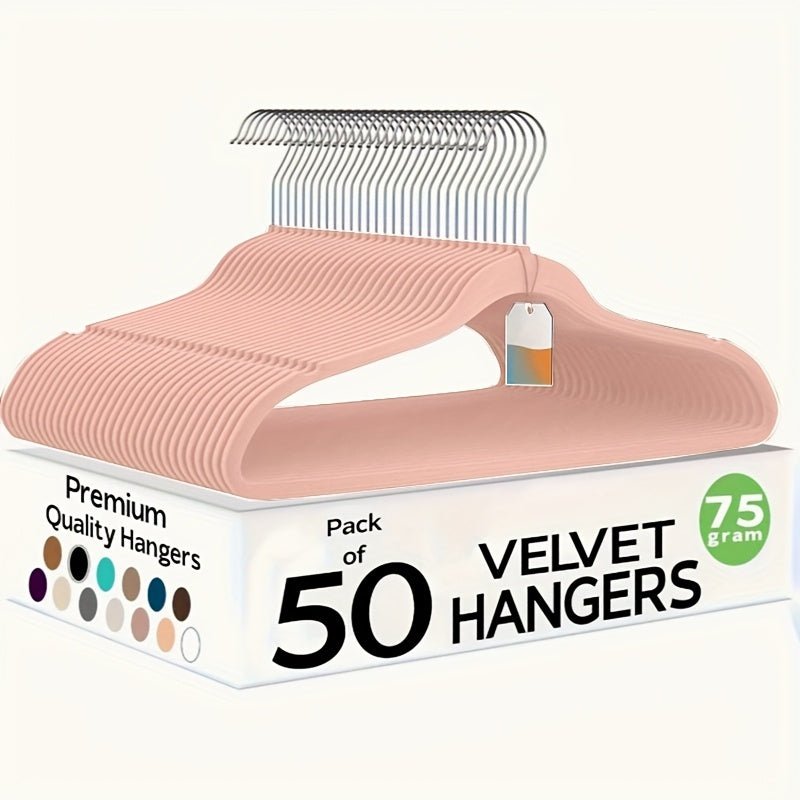 Box of 50 pink velvet hangers with a single pink hanger on top.