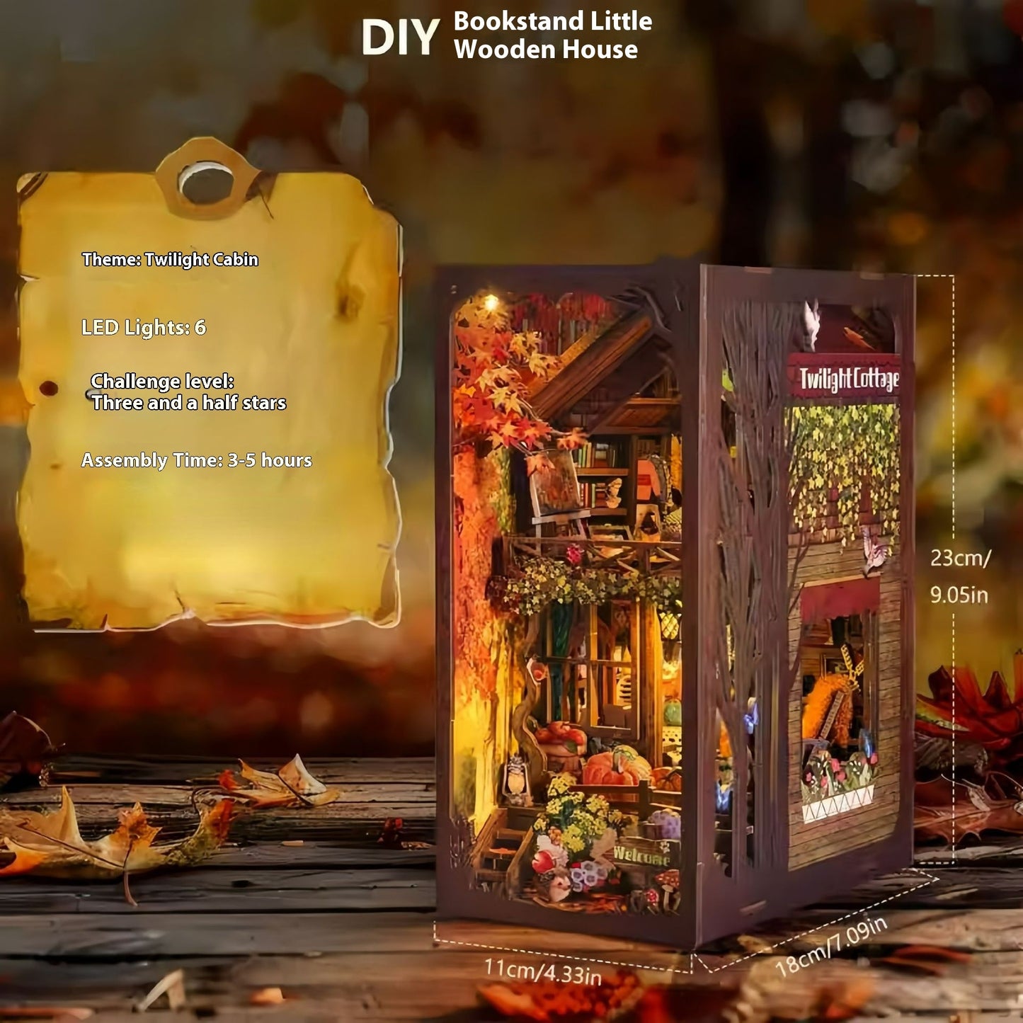 DIY Book Nook Kit, Hand-Assembled Wooden Miniature Cottage with Light