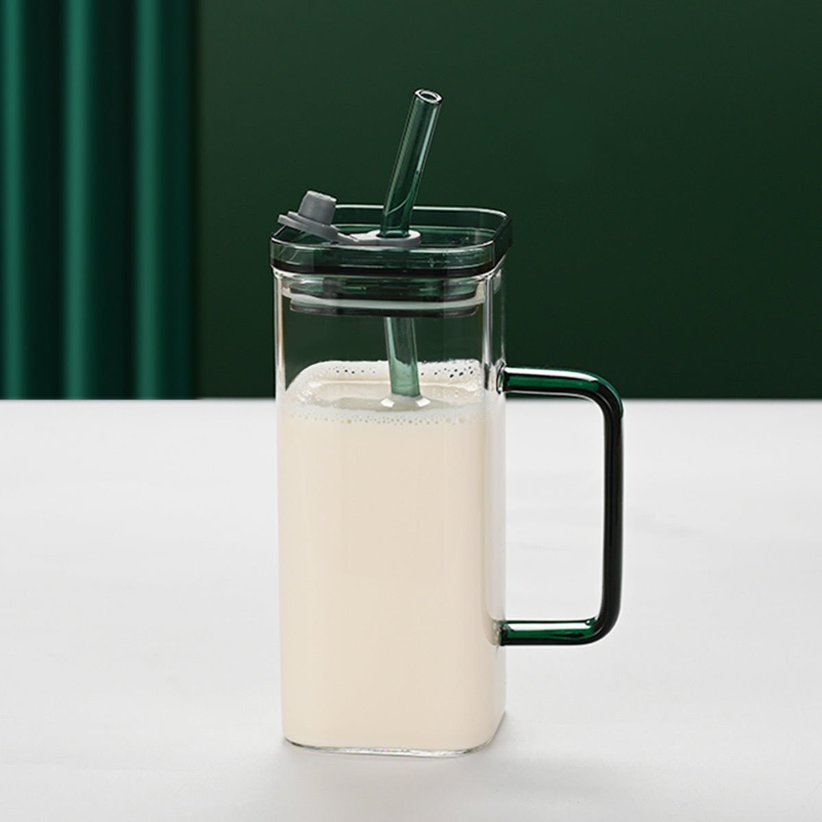 6 Pcs Square Glass Cup Set with Lids and Straws, High Borosilicate Glass