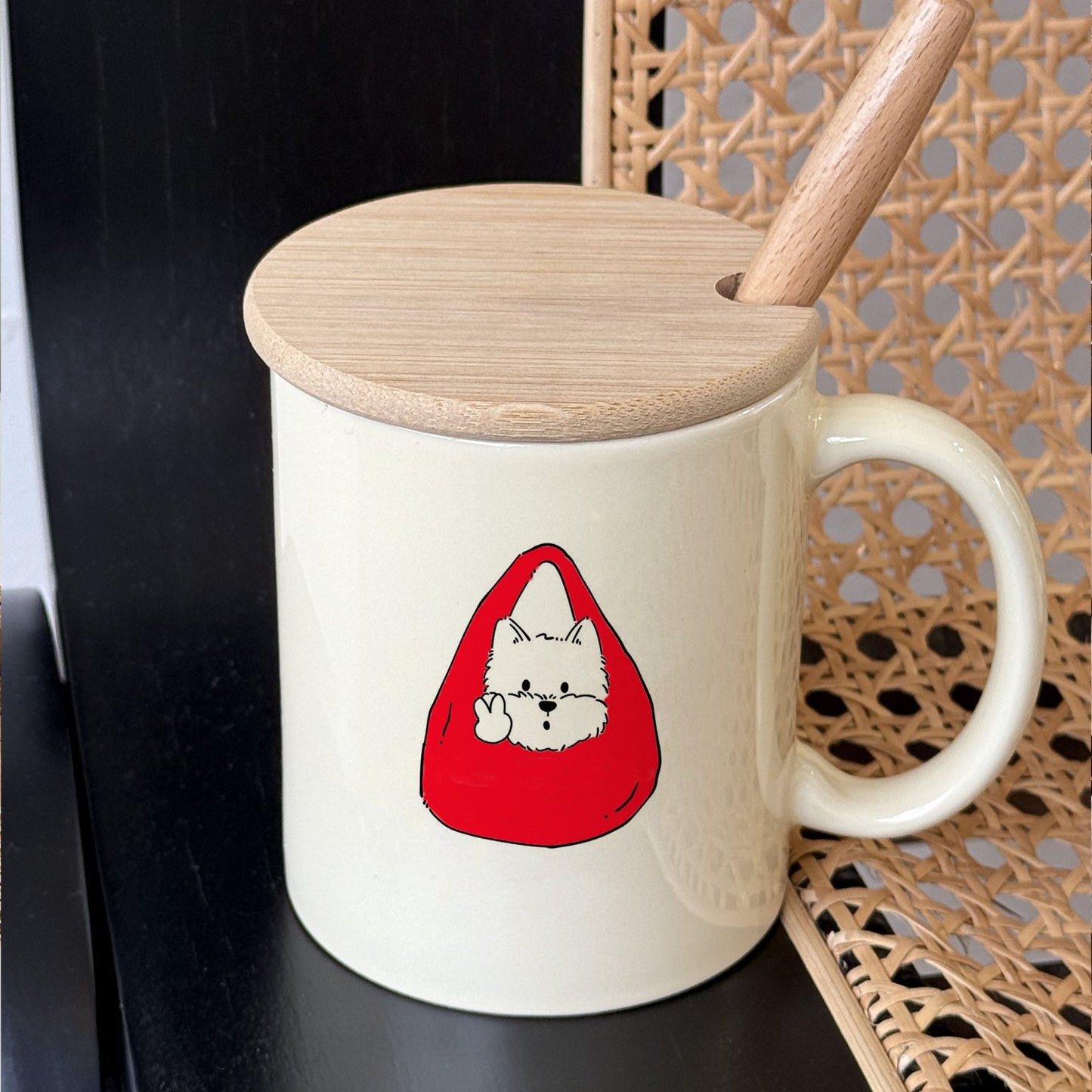 Cute West Highland Terrier Puppy Ceramic Mug with Wood Lid & Spoon