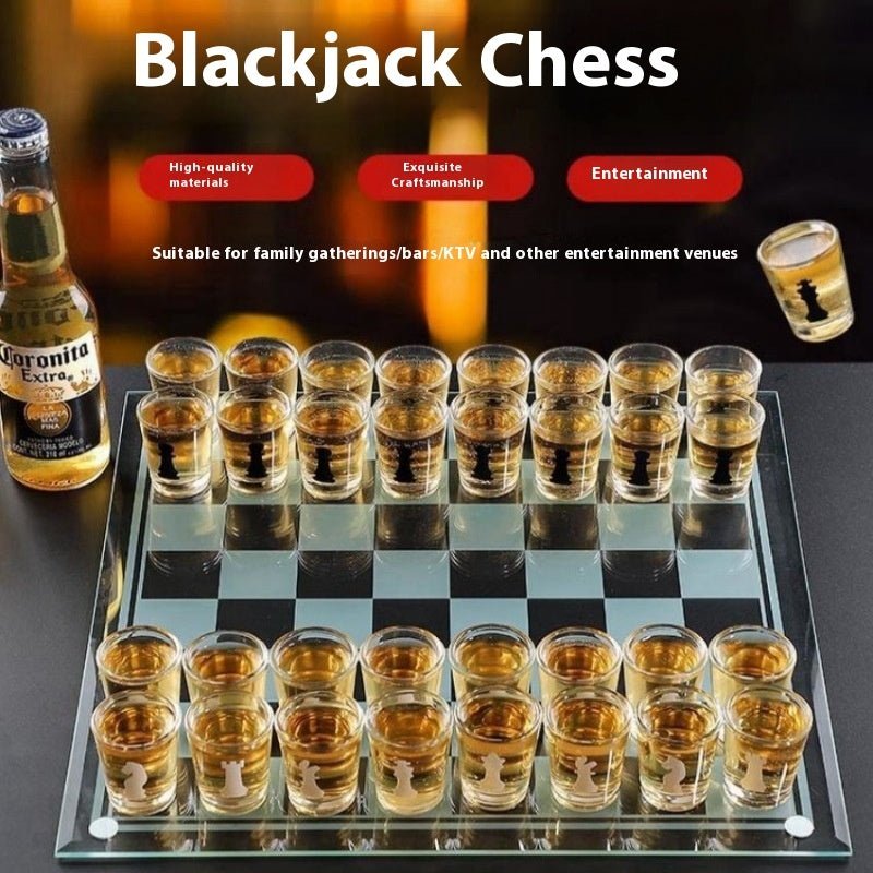 Elegant Glass Chess Drinking Game Set with Crystal Cups