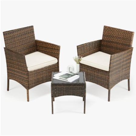 Wicker Rattan Patio Conversation Set with Glass Table – 3-Piece / 4-Piece (Outdoor Chairs + Table)