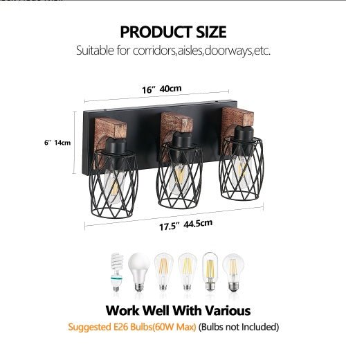 Industrial Vintage 3-Light Wall Sconce with Black Cage Design & Wooden Accents for Bathroom, Hallway or Living Room (Bulb Not Included)