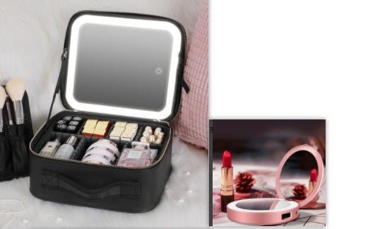 Portable LED Makeup Organizer Box with Adjustable Lighted Mirror