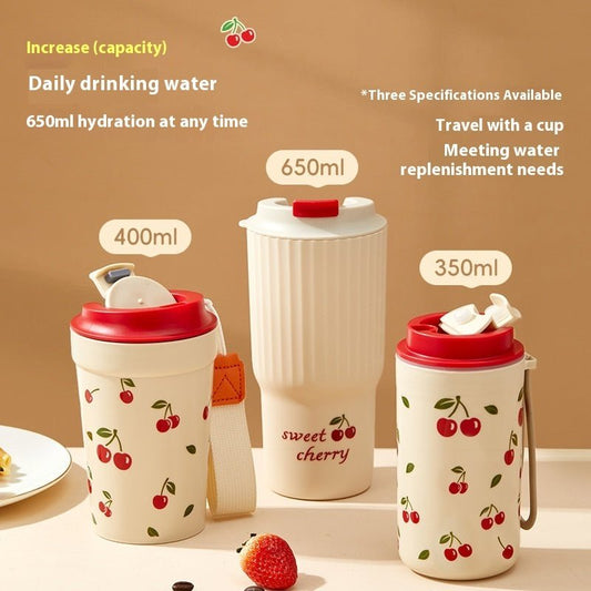 Creative Large Capacity Cherry Print Tumbler with Lid and Straw