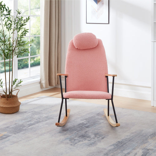 Modern Upholstered Rocking Chair with Headrest & Armrests – Living Room/Bedroom (Pink)
