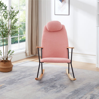 Modern Upholstered Rocking Chair with Headrest & Armrests – Living Room/Bedroom (Pink)