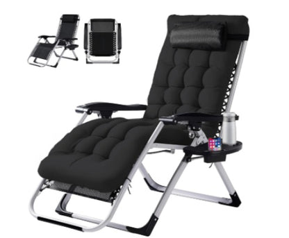 Zero Gravity Reclining Camping Lounge Chair w/ Cup Holder Tray & Removable Cushion (Black/Grey)