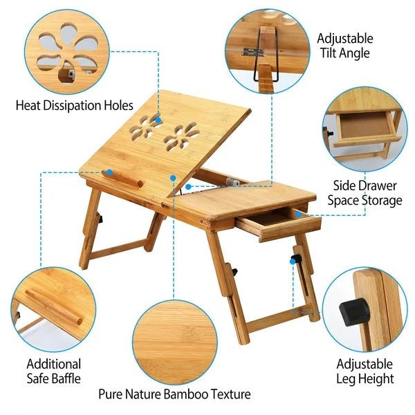 Adjustable Bamboo Laptop Desk & Bed Table with Storage Drawer