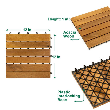 Acacia Wood Interlocking Flooring Tiles, 10 Pack, 12 x 12 Inch