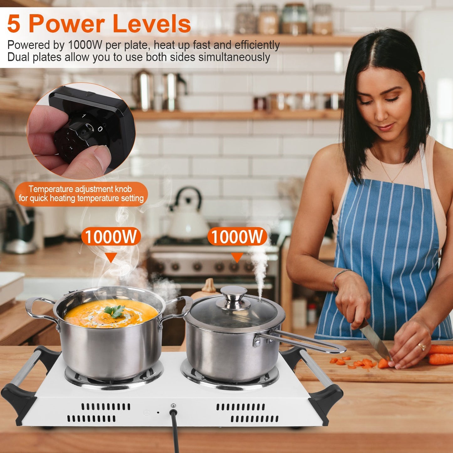 2000W Electric Dual Burner Portable Coil Heating Hot Plate Stove Countertop RV Hotplate With 5 Temperature Adjustments Portable Handles