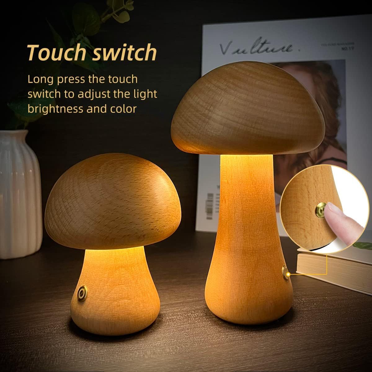 Wooden Mushroom LED Night Light, Touch-Activated Bedside Table Lamp