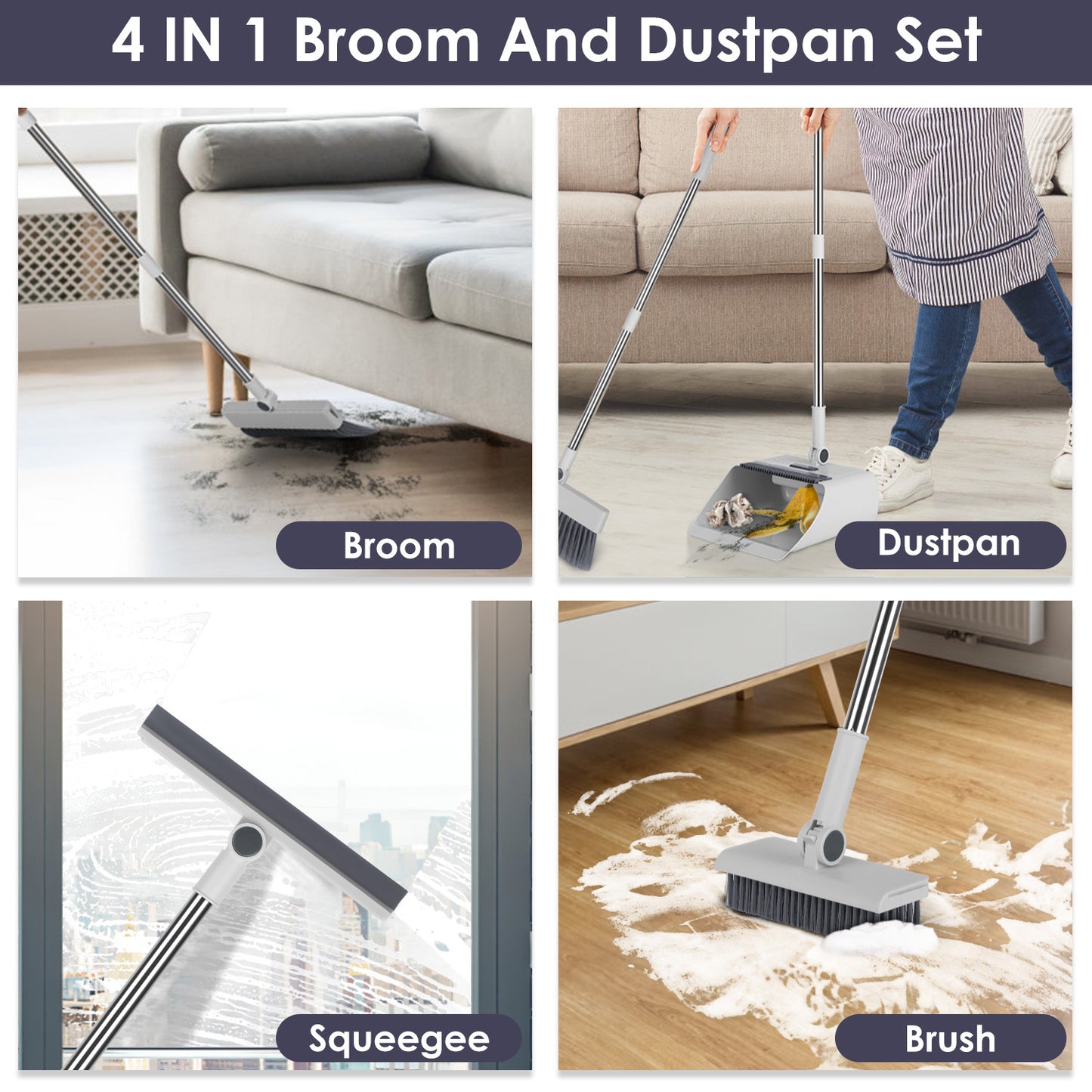 4-in-1 Broom and Dustpan Set with Squeegee – Upright Standing Cleaning Combo for Home, Kitchen & Office