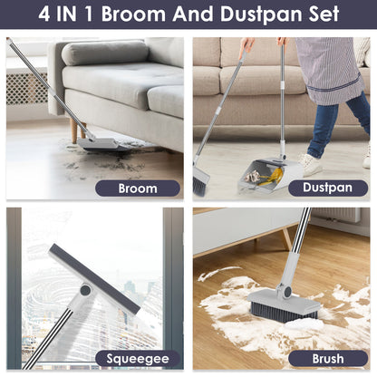 4-in-1 Broom and Dustpan Set with Squeegee – Upright Standing Cleaning Combo for Home, Kitchen & Office