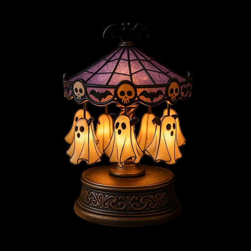 Ghost Carousel Night Light, Halloween Themed Bedside Lamp for Home, Bedroom & Holiday Decoration