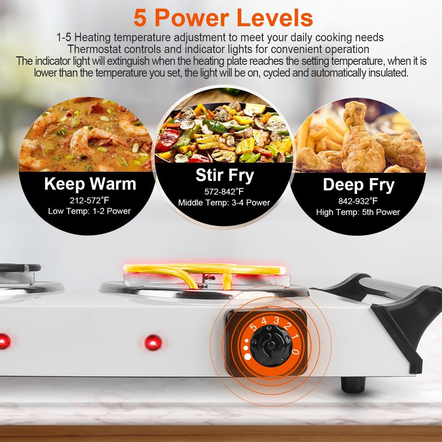 2000W Electric Dual Burner Portable Coil Heating Hot Plate Stove Countertop RV Hotplate With 5 Temperature Adjustments Portable Handles
