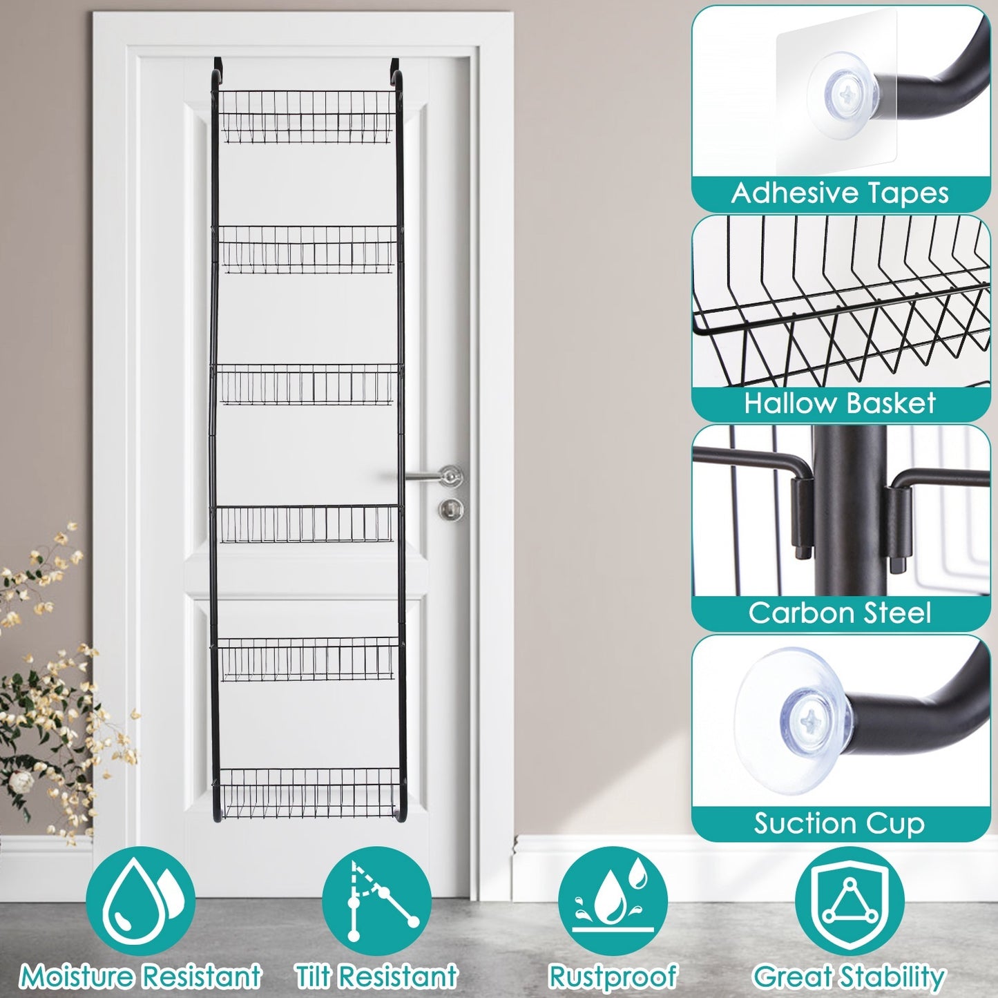 Over-the-Door Pantry Organizer, 6-Tier Hanging Basket Rack (63″, Carbon Steel) – Black/White