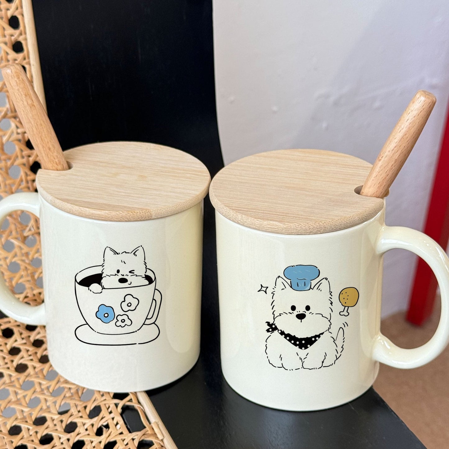 Cute West Highland Terrier Puppy Ceramic Mug with Wood Lid & Spoon