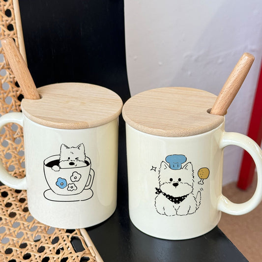 Cute West Highland Terrier Puppy Ceramic Mug with Wood Lid & Spoon