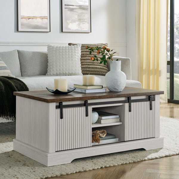 Rustic Farmhouse Coffee Table with Sliding Doors & Storage Shelves - 41 Inch - DonoHome