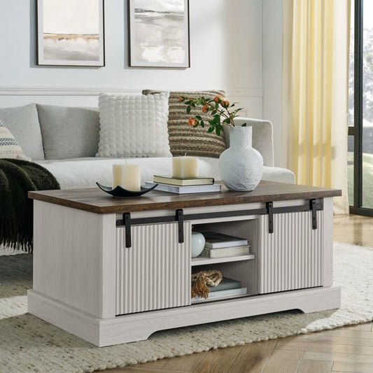 Rustic Farmhouse Coffee Table with Sliding Doors & Storage Shelves - 41 Inch - DonoHome