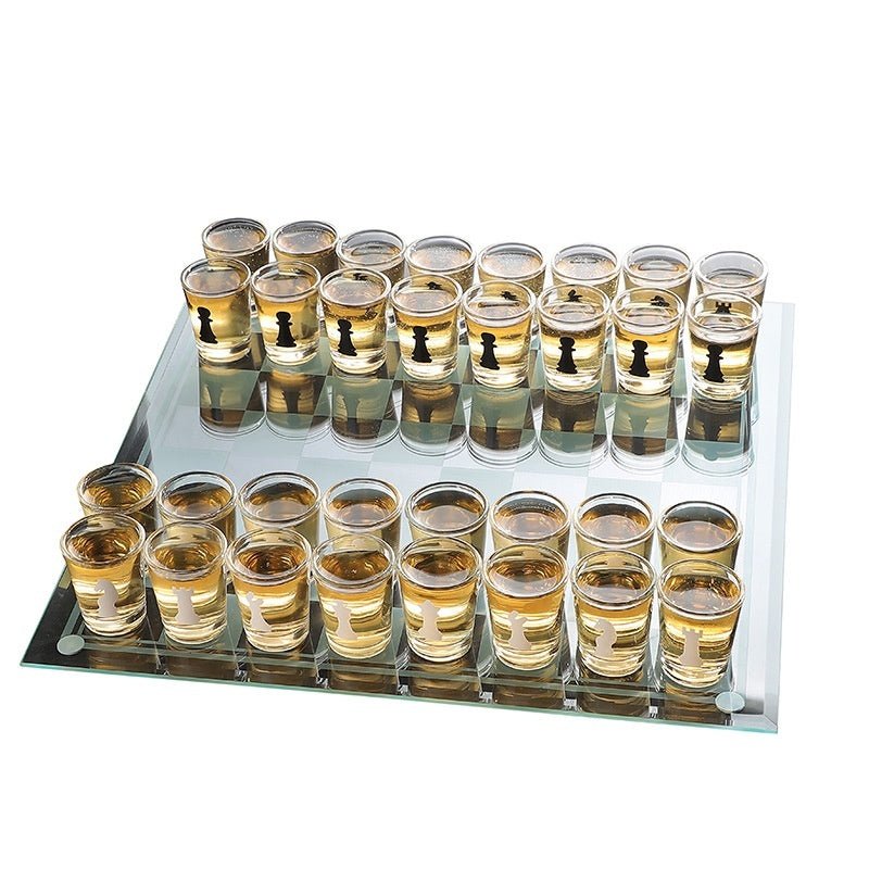 Elegant Glass Chess Drinking Game Set with Crystal Cups