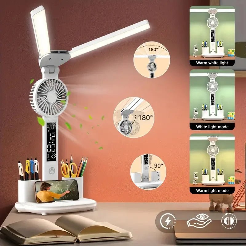 Multifunction LED Desk Lamp, Foldable with Fan, Clock, & Pen Holder