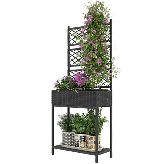 Outdoor Wicker Planter with Trellis – Freestanding Rattan Garden Box with Storage