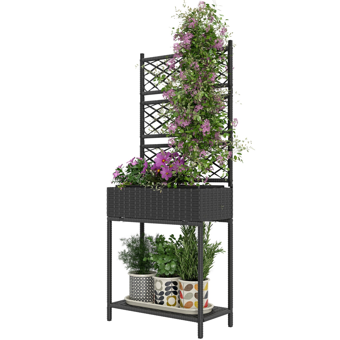 Outdoor Wicker Planter with Trellis – Freestanding Rattan Garden Box with Storage
