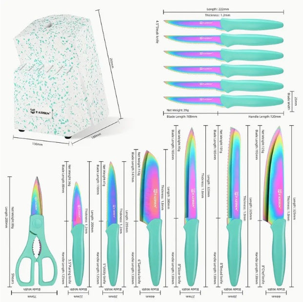 14-Piece Rainbow Titanium Kitchen Knife Set w/ Wooden Block & Shears (High-Carbon Stainless Steel)