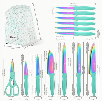 14-Piece Rainbow Titanium Kitchen Knife Set w/ Wooden Block & Shears (High-Carbon Stainless Steel)