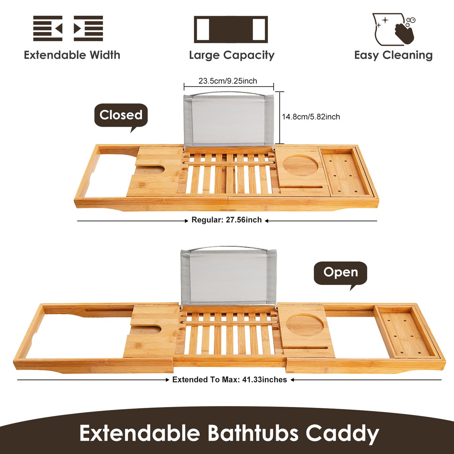 Extendable Bamboo Bathtub Caddy Tray With Wine Glass Holder, Tablet And Phone Rack, Bathroom Spa Bath Tray Table For Relaxing Reading Or Soaking