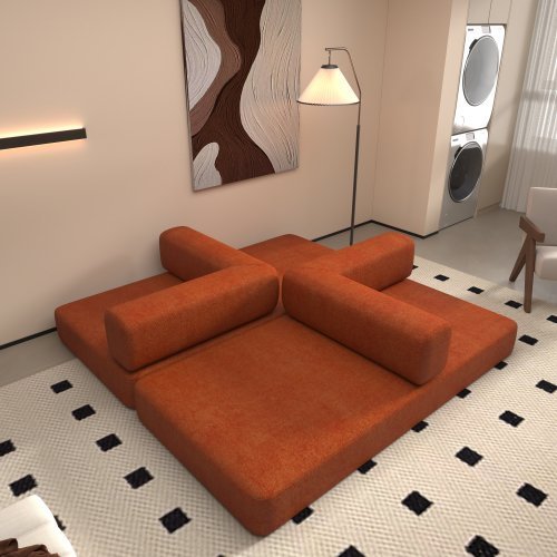 Convertible Sleeper Sofa Bed With Cylindrical Pillow, Corduroy Folding Mattress Couch With Fixed-Shape Frame, Floor Sofa Lounge Couch For Living Room Bedroom Lounge Studio Orange Red