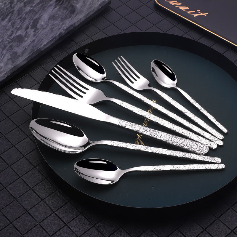 Embossed Handle Stainless Steel Flatware Set – 7-Piece, Black/Gold/Rose Gold/Silver