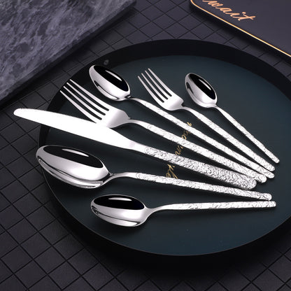 Embossed Handle Stainless Steel Flatware Set – 7-Piece, Black/Gold/Rose Gold/Silver